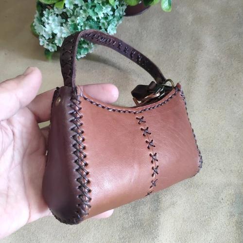 กระเป๋าใส่เหรียญหนังแท้ สีน้ำตาล งานแฮนด์เมด ใบเล็กใส่บัตร ATM ได้ - 01