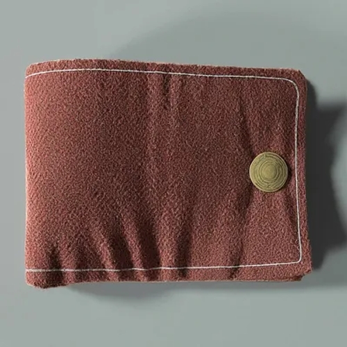 กระเป๋าสตางค์ผ้าสีน้ำตาลอมแดงพร้อมการเย็บขอบสีขาวและกระดุมกลมสลักลายวางอยู่บนพื้นหลังสีเทา