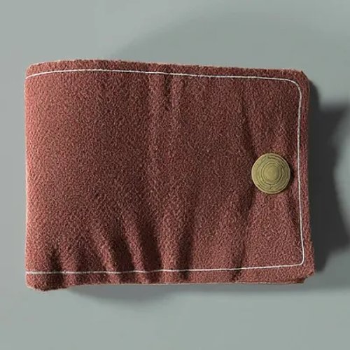 กระเป๋าสตางค์ผ้าสีน้ำตาลอมแดงพร้อมการเย็บขอบสีขาวและกระดุมกลมสลักลายวางอยู่บนพื้นหลังสีเทา