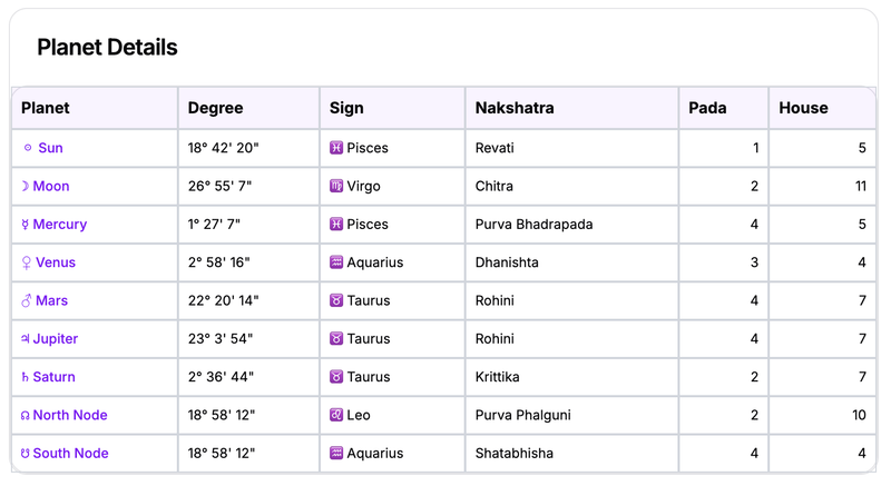 Vedic Birth Chart Planetary Interpretations