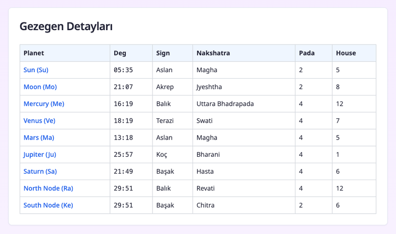 Vedic Birth Chart Planetary Details Table