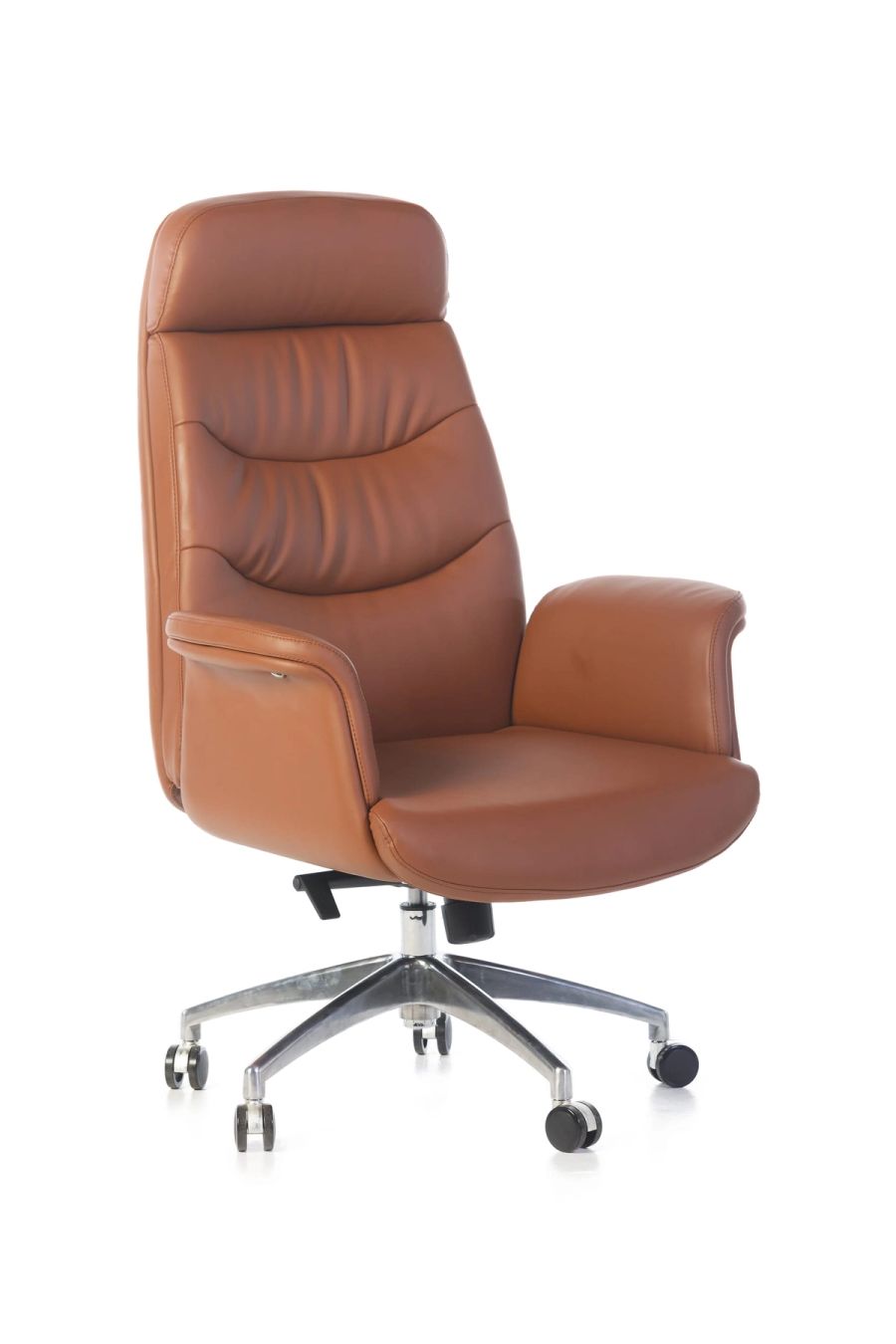 Tan leather executive office chair with a chrome swivel base, photographed on a clean white background for e-commerce.