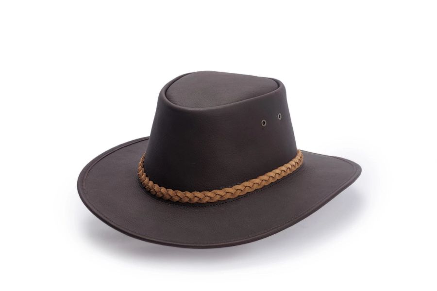 Brown leather bush hat with a braided suede band, photographed on a white background at Studio 039, Sea Park.