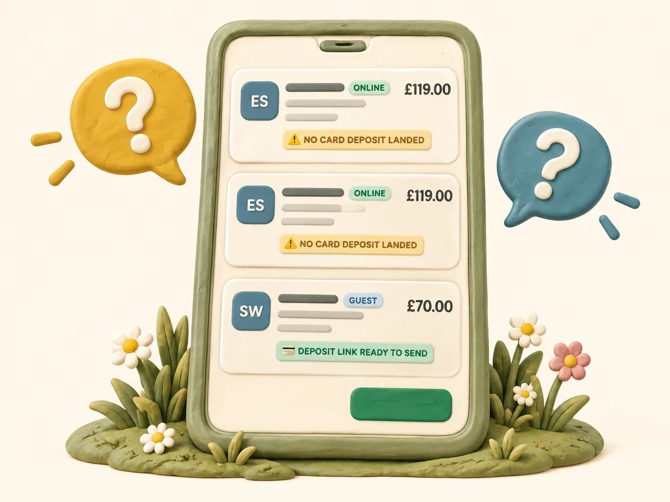 A claymation phone showing three booking cards: two online bookings labelled No card deposit landed and a guest booking labelled Deposit link ready to send, with a question mark in a speech bubble on either side