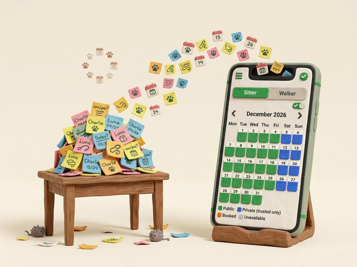 Claymation sticky notes with dog names and dates piled on a small table, with notes flying across into a phone that shows a sitter booking calendar for December