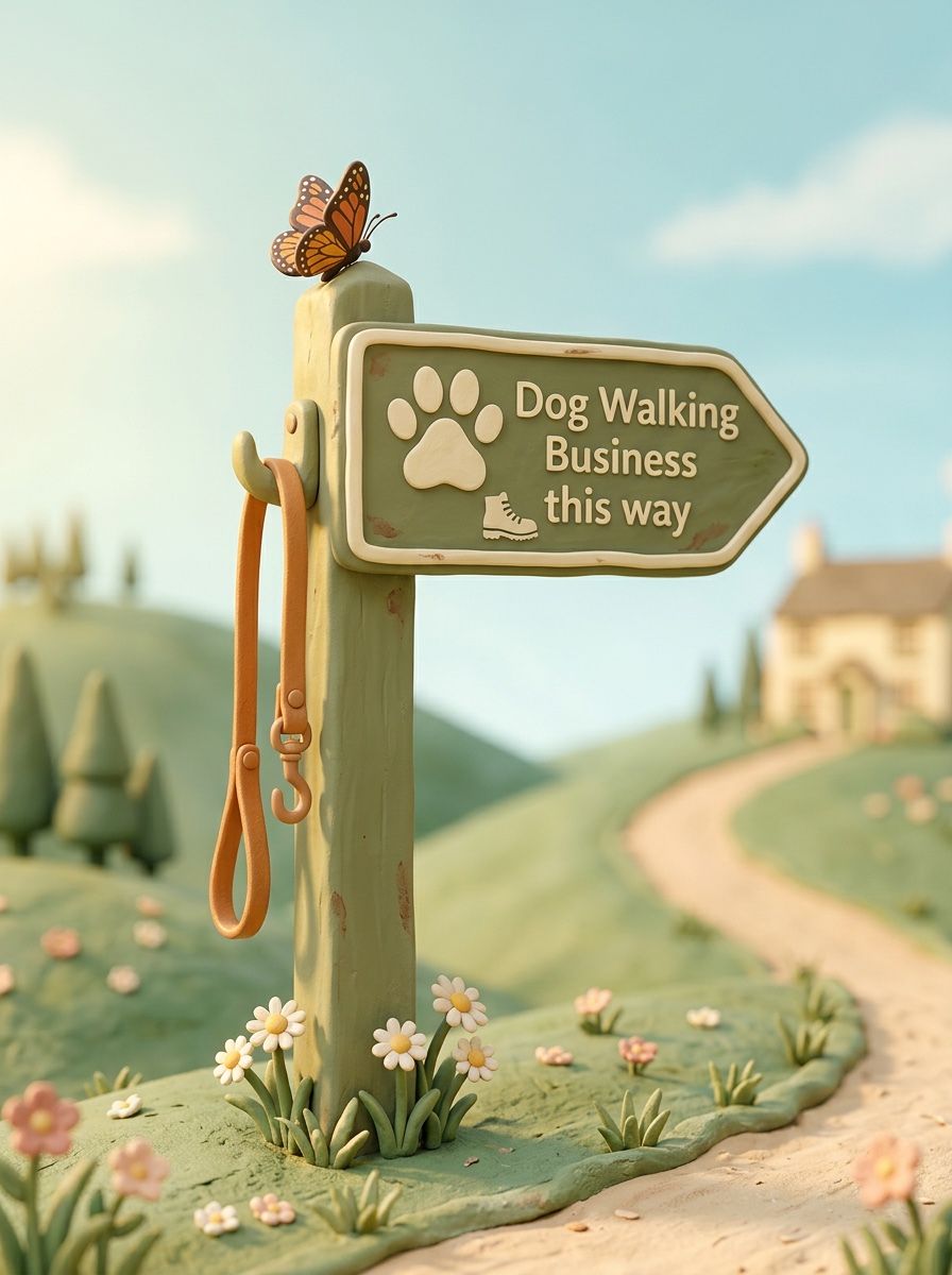 A claymation signpost in green hills reading Dog Walking Business this way, with a butterfly on top and an orange lead hanging from the post