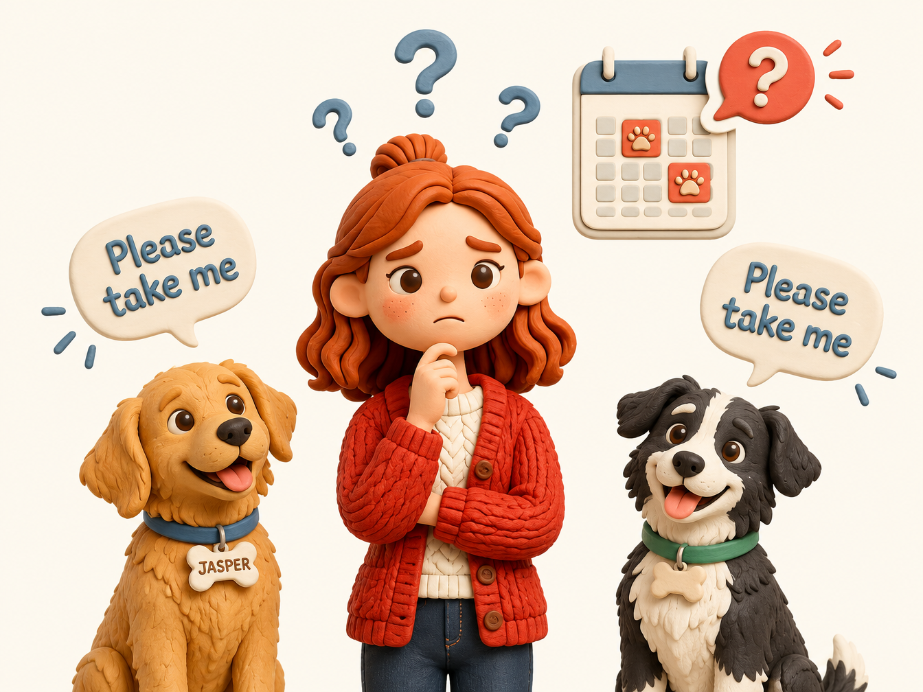 A claymation woman with a puzzled look and question marks around her head, a dog on each side saying Please take me, and a calendar with two paw-print days and a question mark