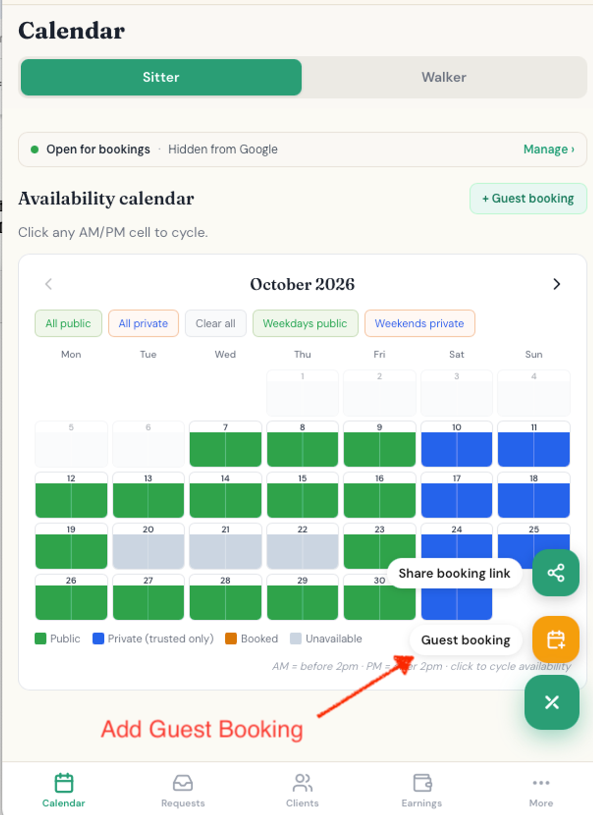 Add Guest Booking dog sitting booking calendar