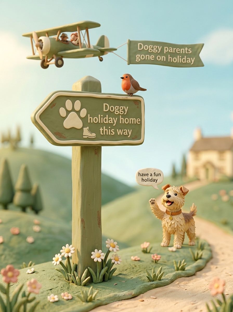 A claymation signpost reading Doggy holiday home this way, with a robin on top and a biplane towing a banner that says Doggy parents gone on holiday