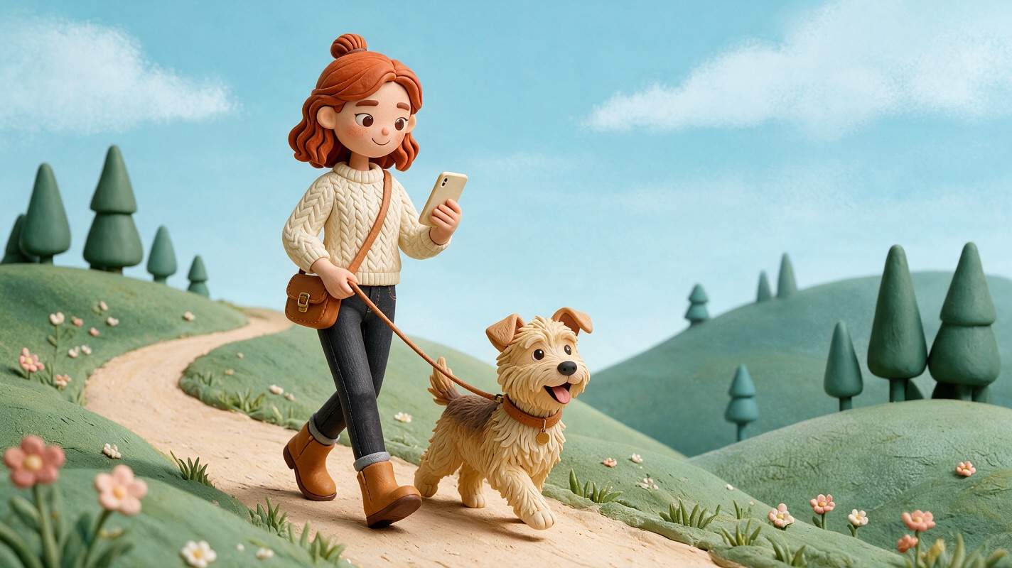 A claymation dog walker looking at her phone while a small terrier trots beside her on a country path