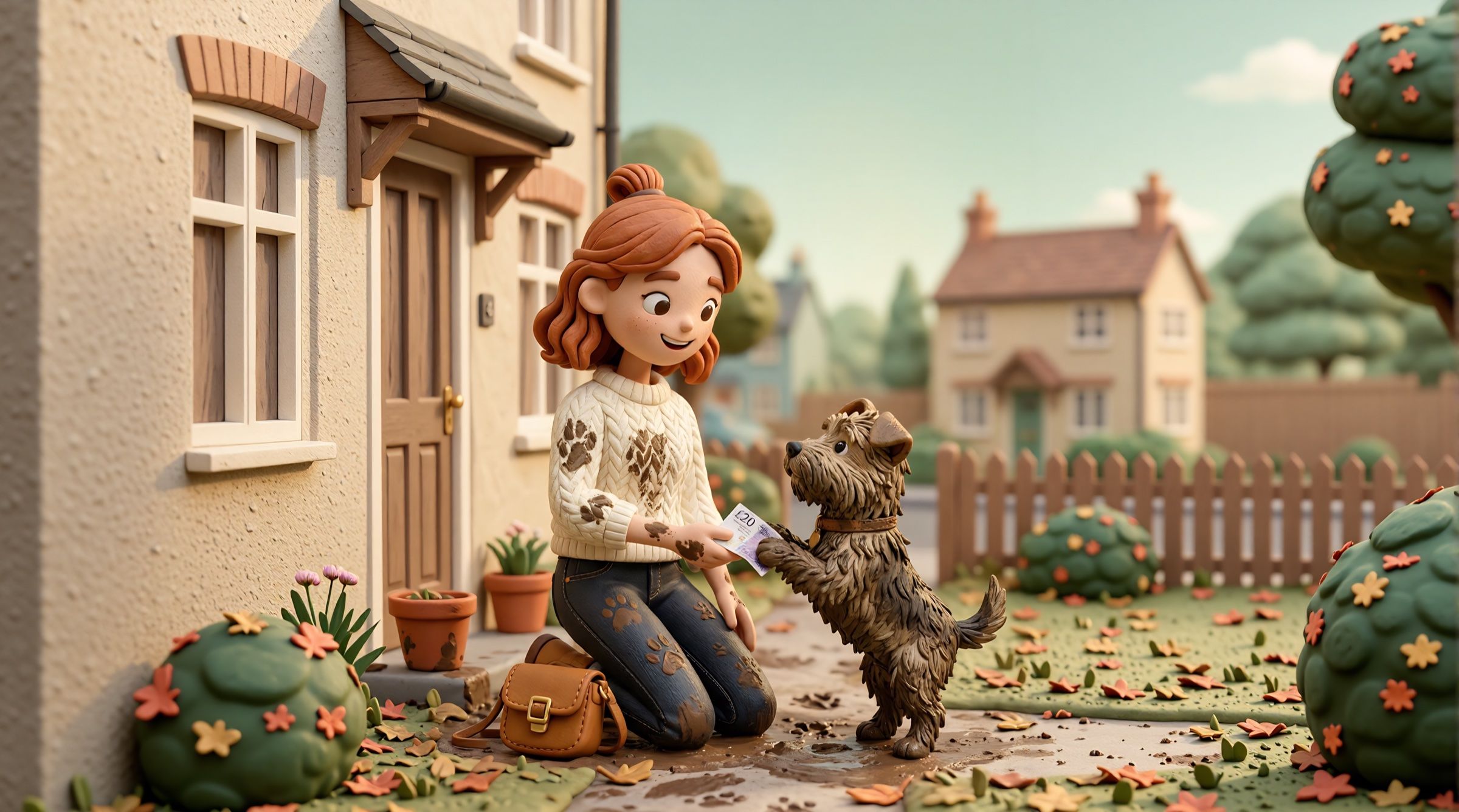 A claymation dog walker with muddy paw prints on her jumper kneeling beside a muddy terrier while holding a banknote