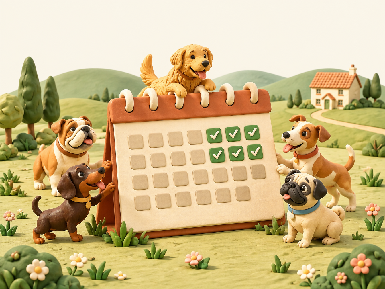 Claymation dogs gathered around a large desk calendar in a green field, with a golden retriever on top of it and a row of green ticks on the booked days