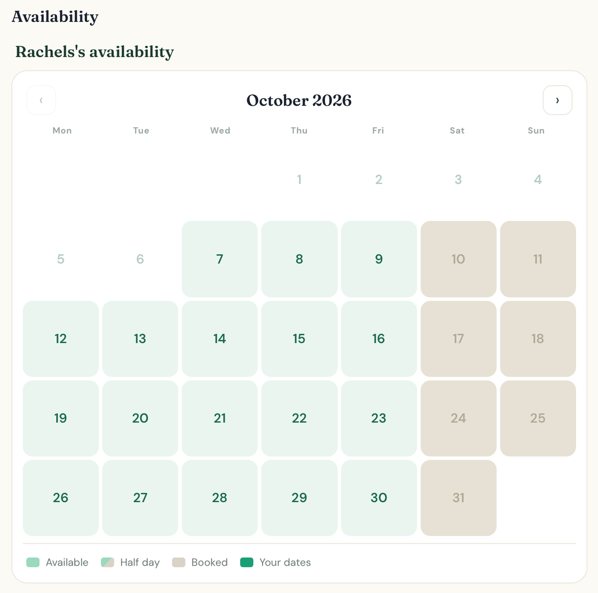 The same October calendar as seen by a dog owner whose account has not been set to “Trusted” status: weekdays are available and the weekends are greyed out