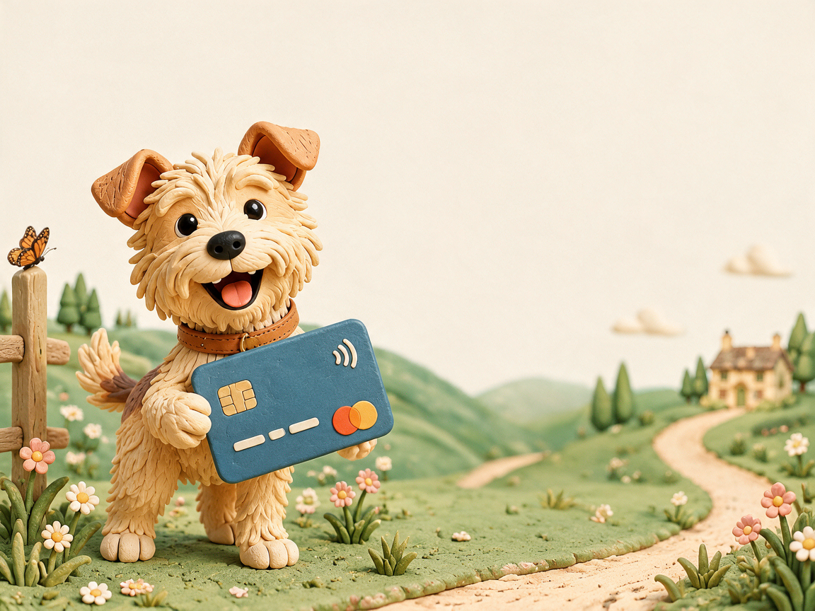 A claymation terrier standing in green hills and holding a large blue credit card