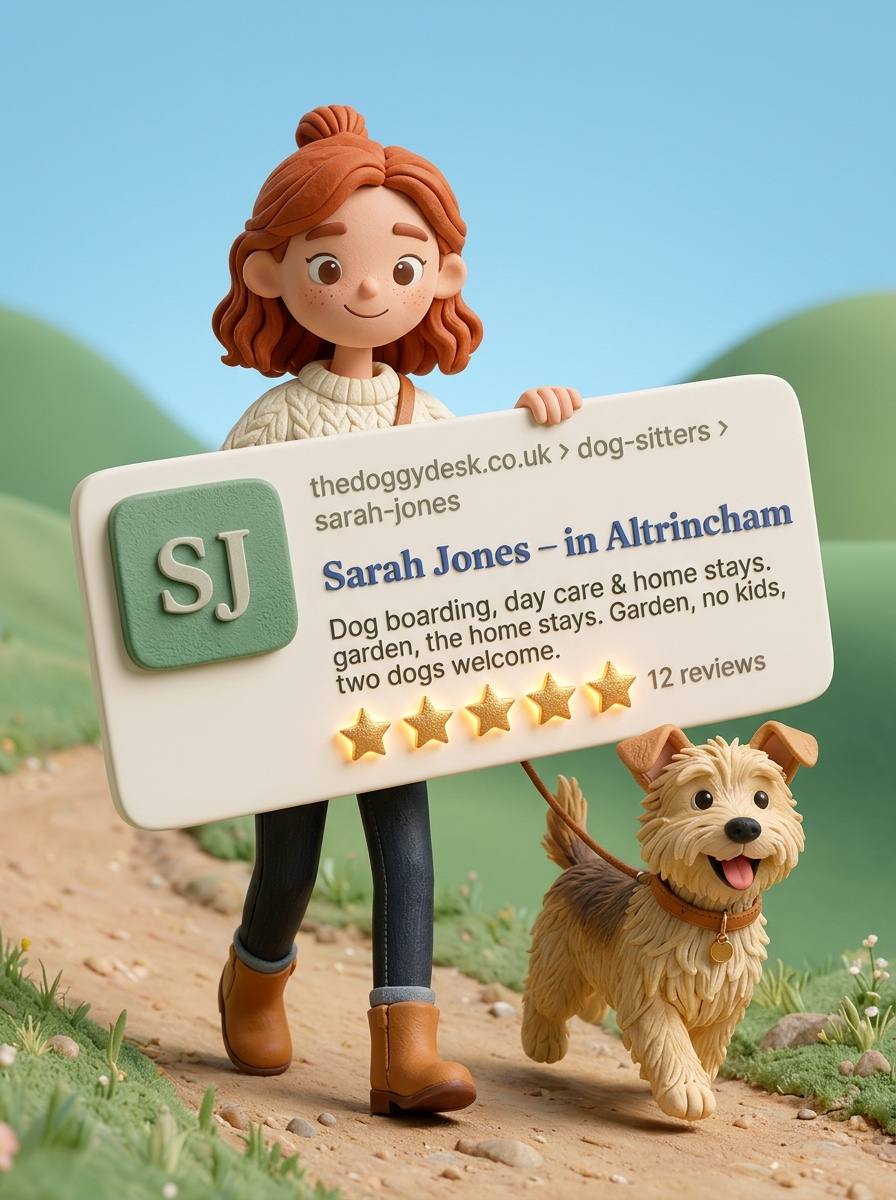 A claymation woman holding a large profile card with five gold stars while her terrier trots beside her