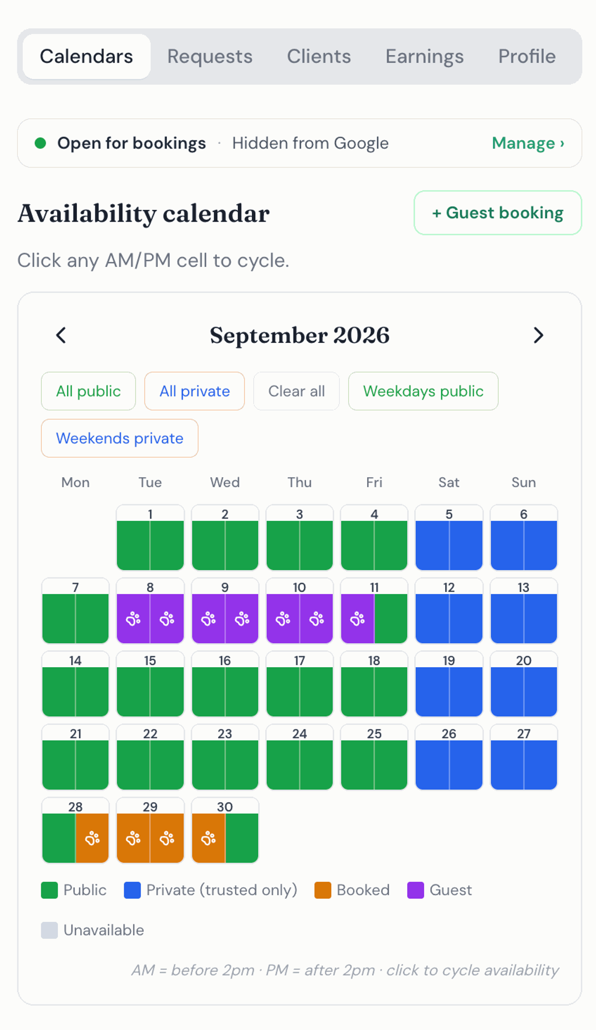 A dog sitter’s calendar on a phone: weekdays in green are public, weekends in blue are private, and amber and purple days are already booked