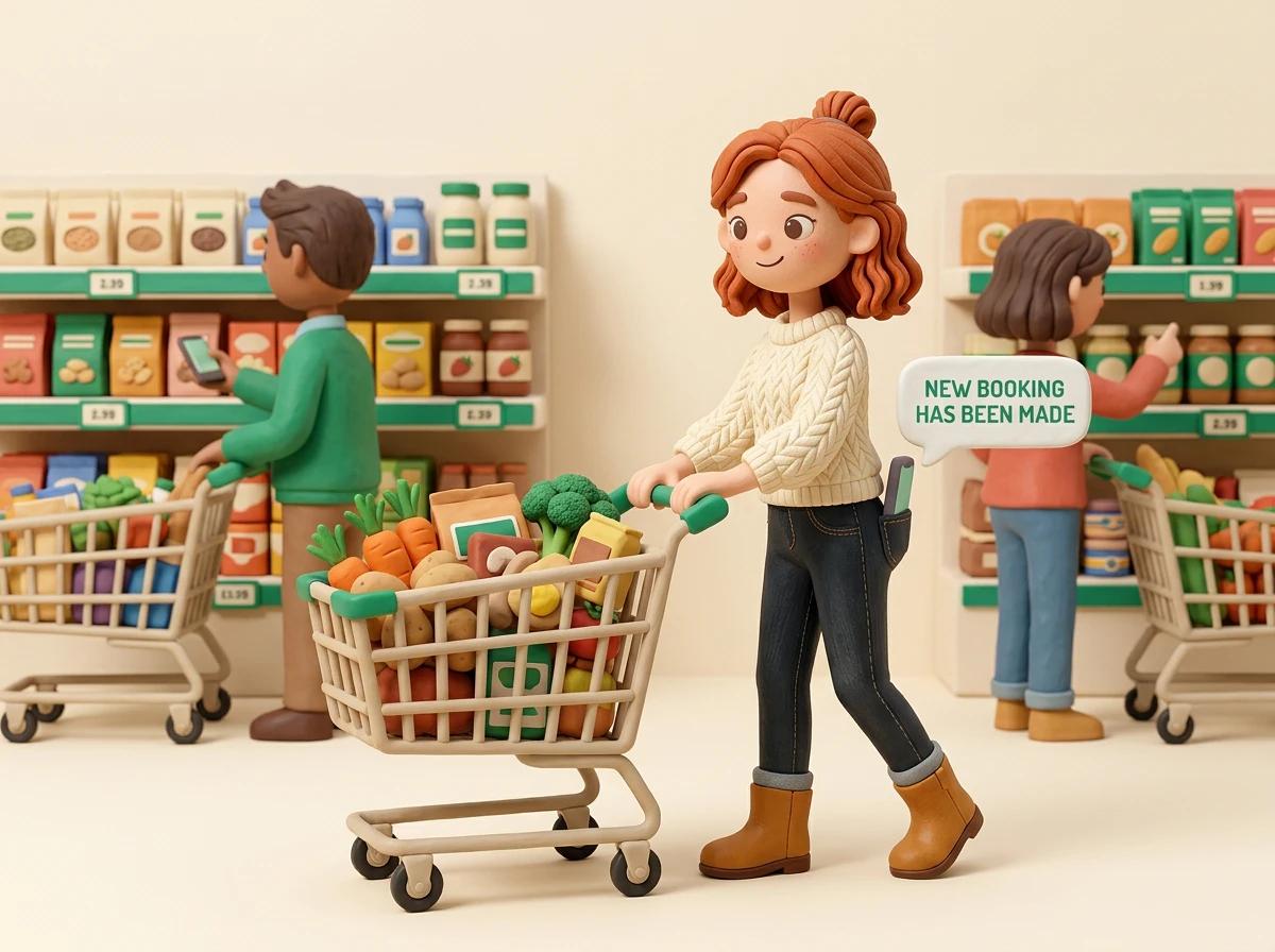 A claymation woman pushing a full shopping trolley through a supermarket while a speech bubble beside her says new booking has been made