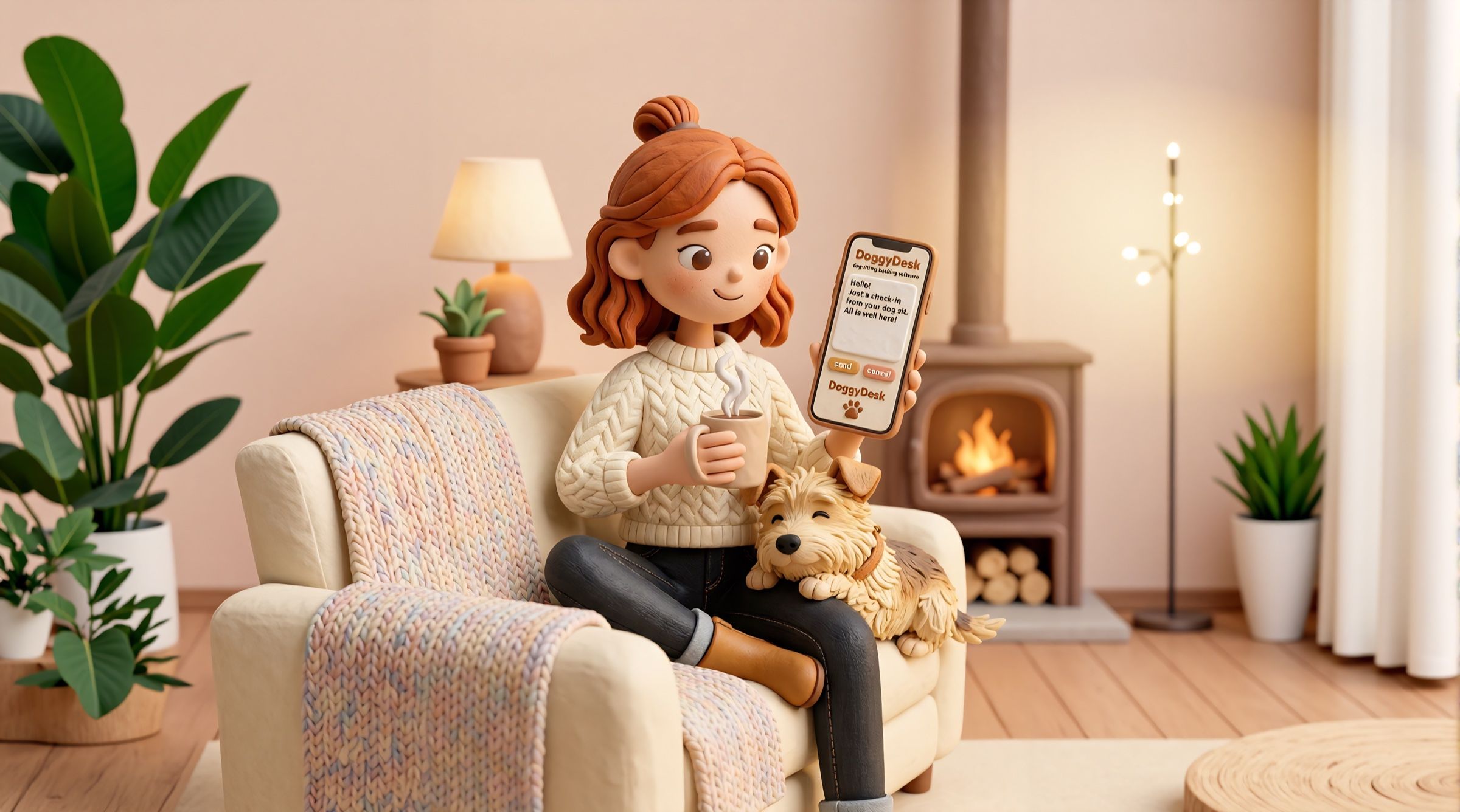 A claymation woman on a sofa smiling at her phone with a mug in her hand and a terrier resting on her lap beside a fireplace