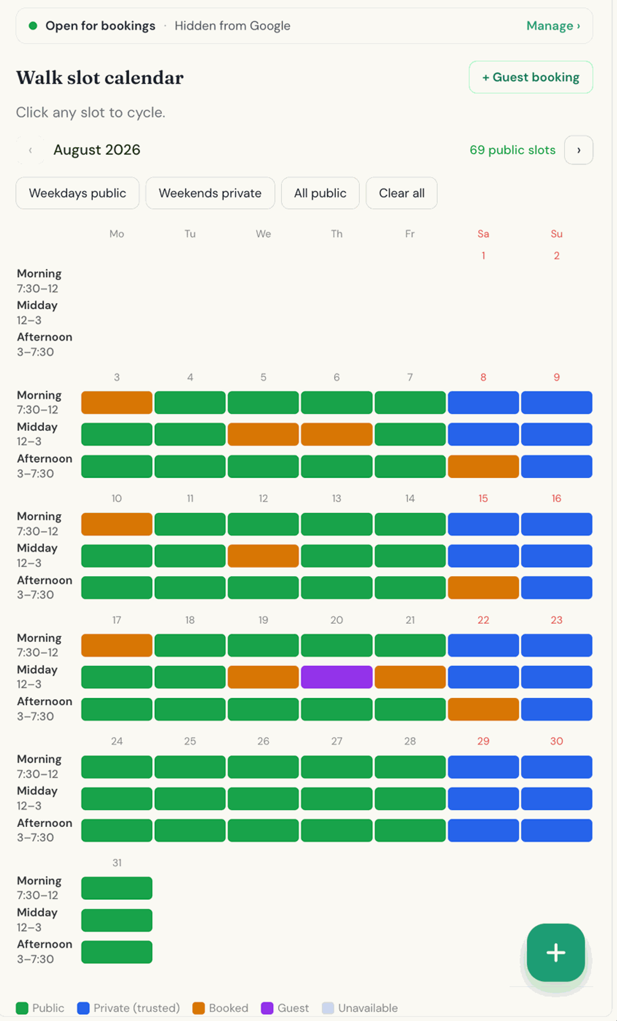 A dog walker’s slot calendar on a phone, with morning, midday and afternoon slots: green slots are public, blue slots are private, and orange slots are booked