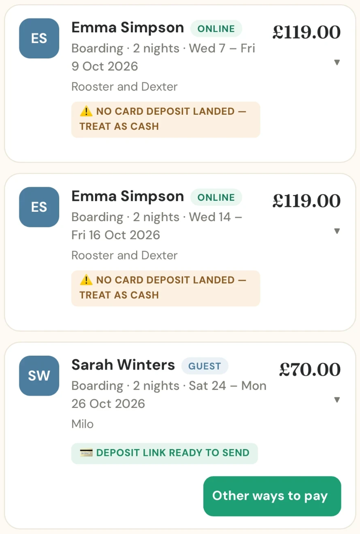 Three booking cards on a test sitter account. Two online bookings carry an amber label reading No card deposit landed, treat as cash. A guest booking carries a green label reading Deposit link ready to send, with an Other ways to pay button.
