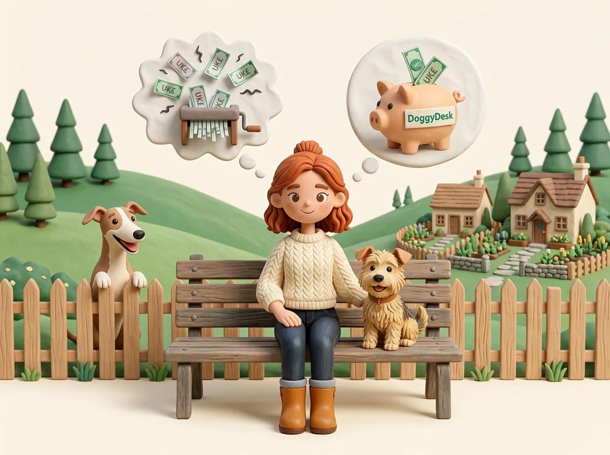 A claymation woman sitting on a bench with her terrier, imagining money being fed into a paper shredder in one thought bubble and into a DoggyDesk piggy bank in the other
