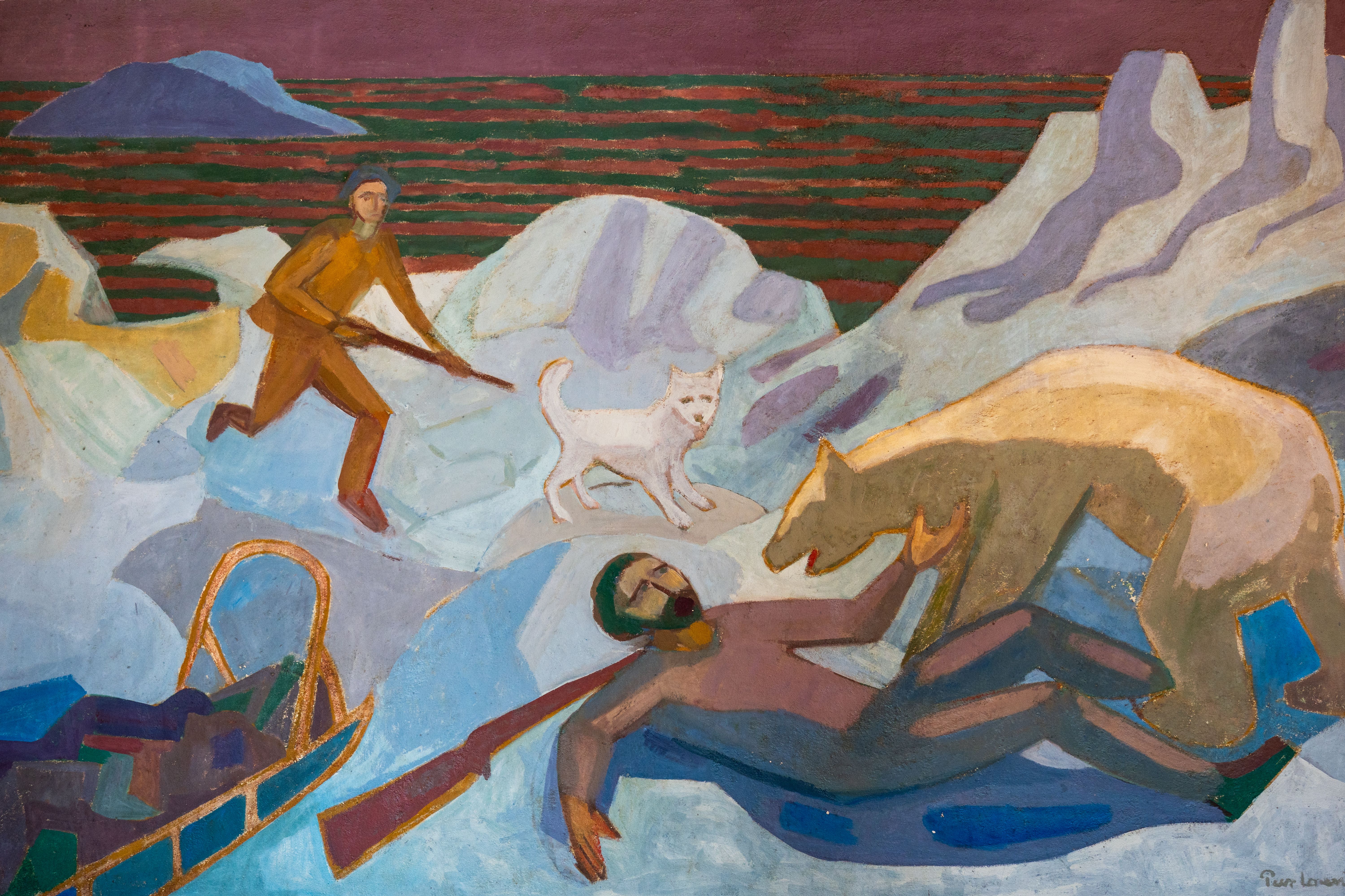 A mural of a man running with a rifle and white dog towards a polar bear standing over a fallen man in an icy environment from the life of Fridtjof Nansen.