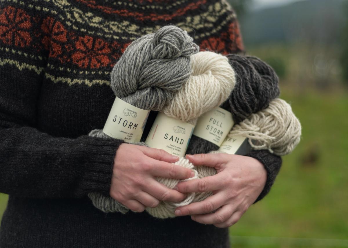 A closeup of a person in a Norwegian sweater carrying Lofoten Wool Storm and Sand yarn