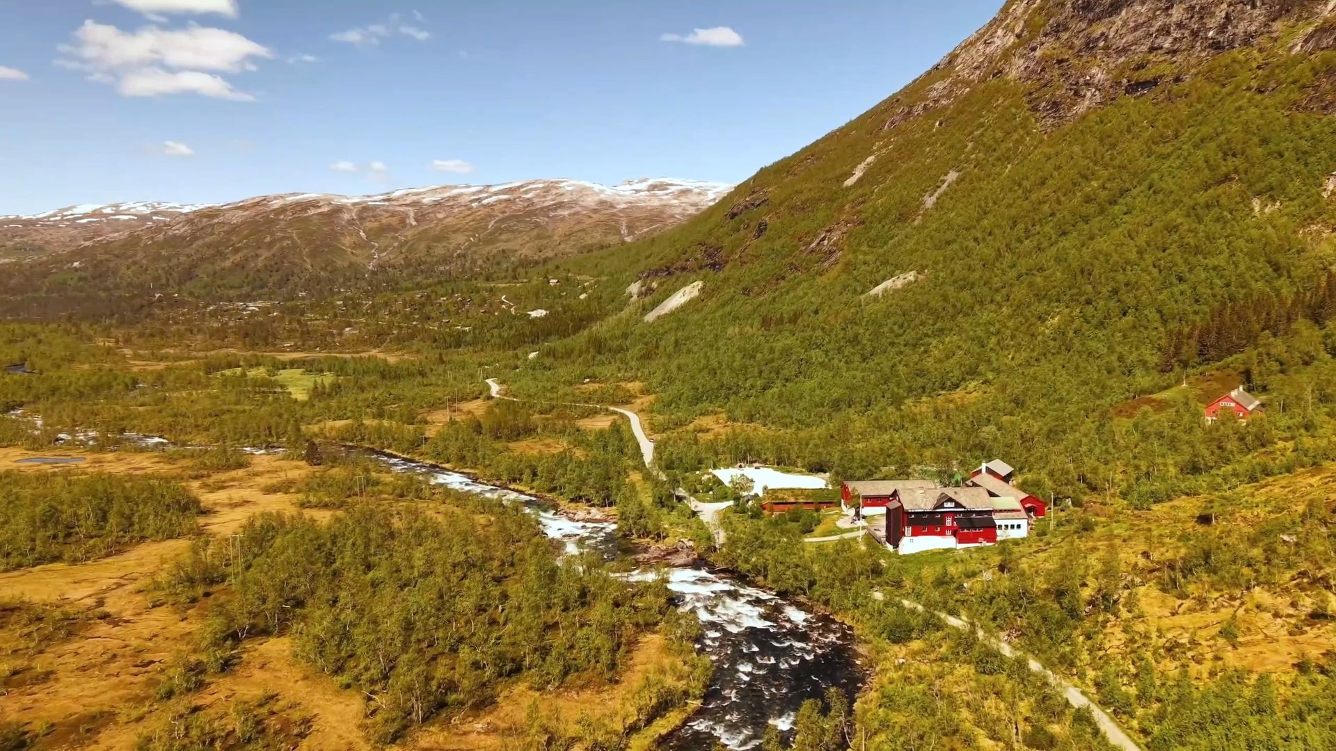 A red-roofed mountain lodge complex by a river in a green valley in Norway, surrounded by forested mountains with distant snowy peaks.