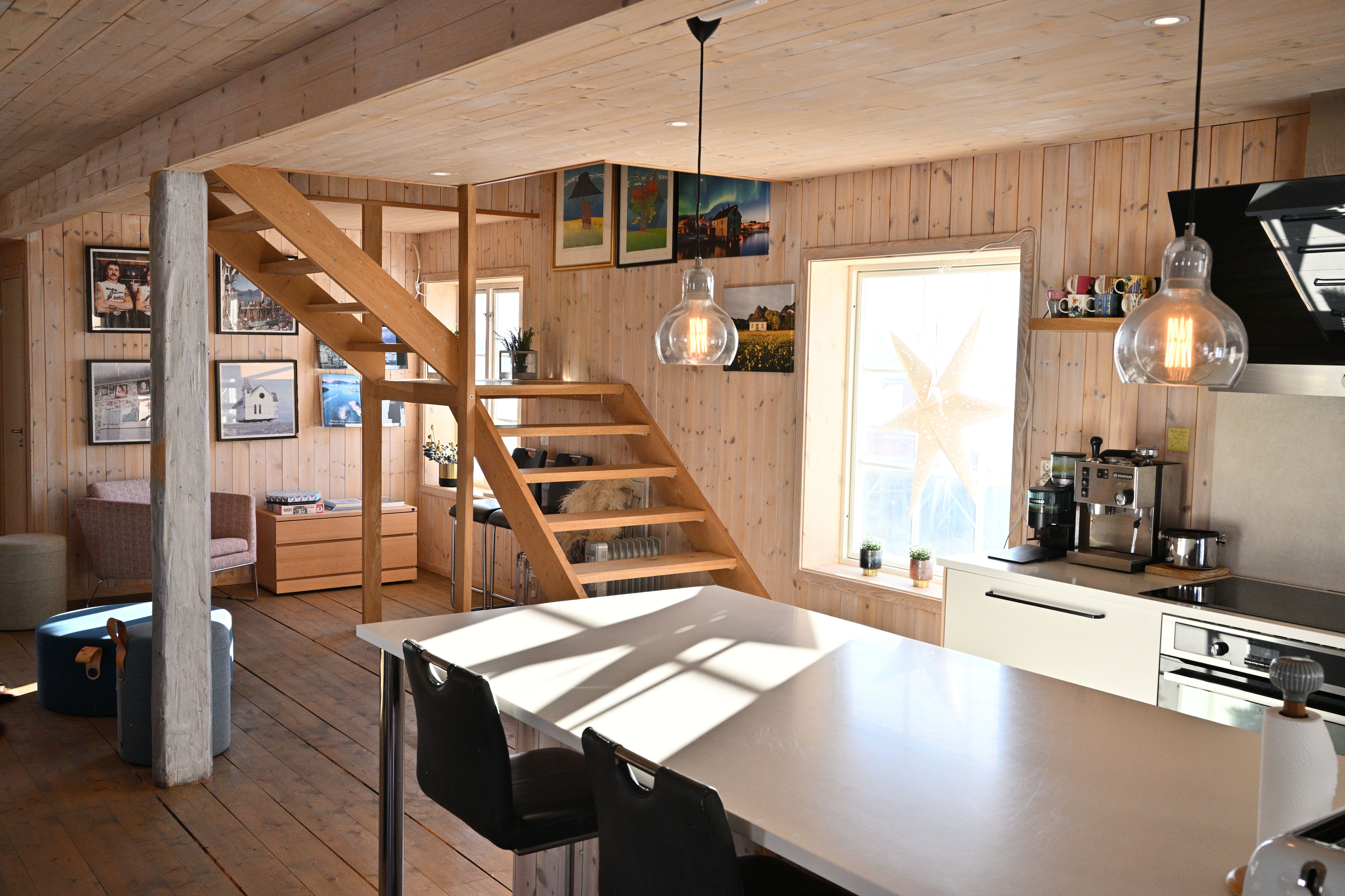 A spacious open air mountain lodge kitchen at Arctic Coliving in Henningsvær in Lofoten in Arctic Norway