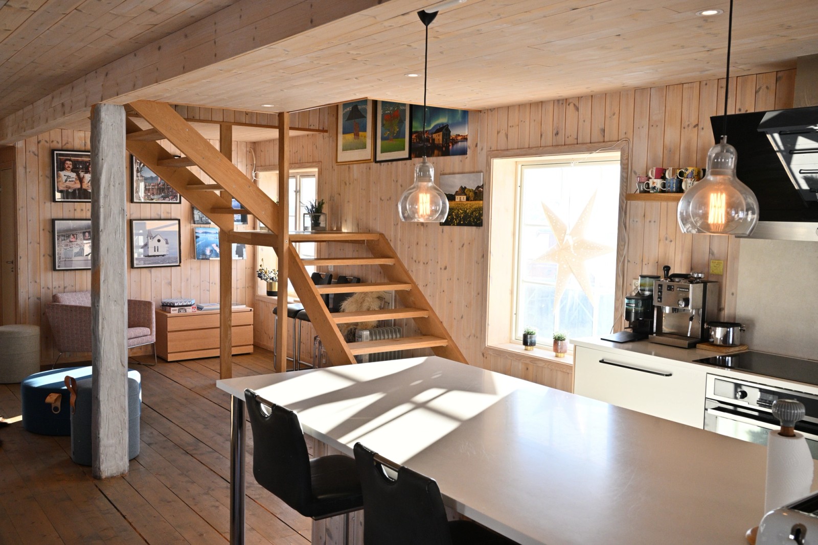 A spacious open air mountain lodge kitchen at Arctic Coliving in Henningsvær in Lofoten in Arctic Norway