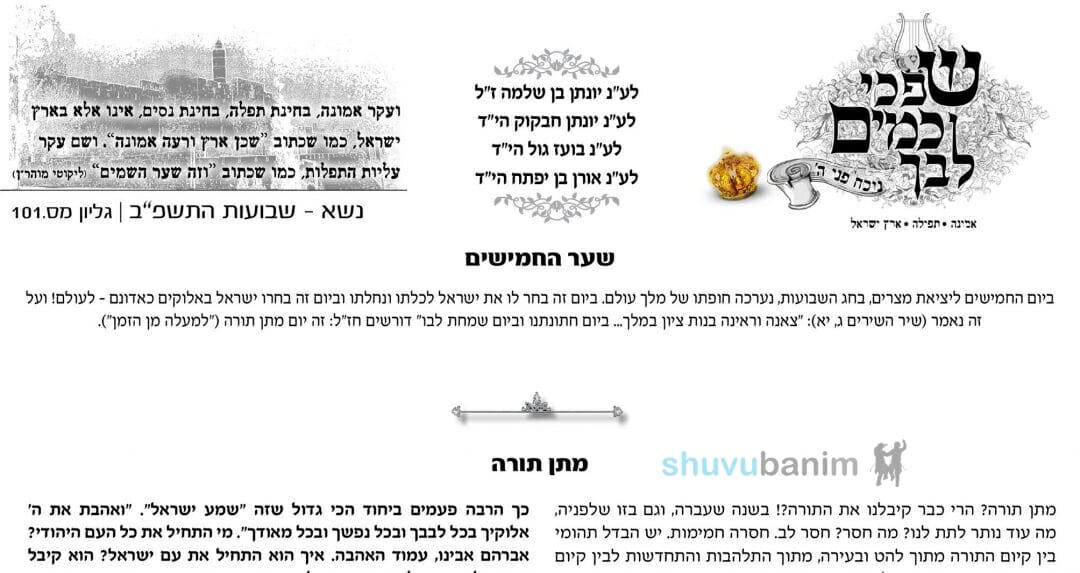 עלון שפכי כמים לבך - שבועות, פרשת נשא תשפ"ב