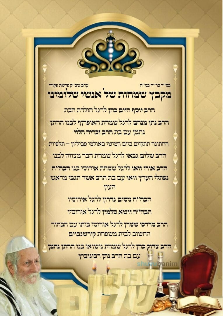 מקבץ שמחות של אנשי שלומינו ק"ק 'שובו בנים' לשבת קודש פרשת פיקודי