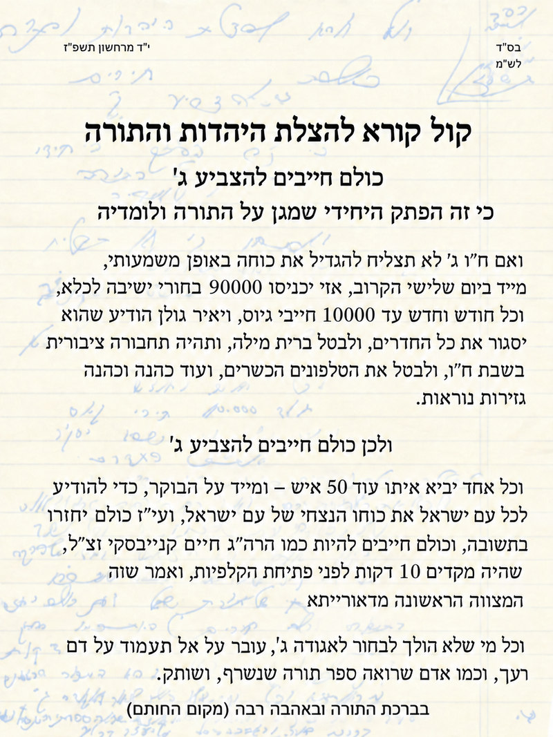 Rabbi Berland’s letter — typed text over the original handwriting