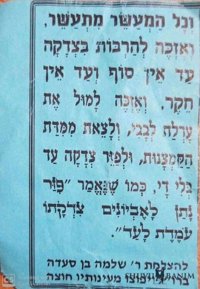 Side 2 of Hebrew text of the prayer to give charity appropriately