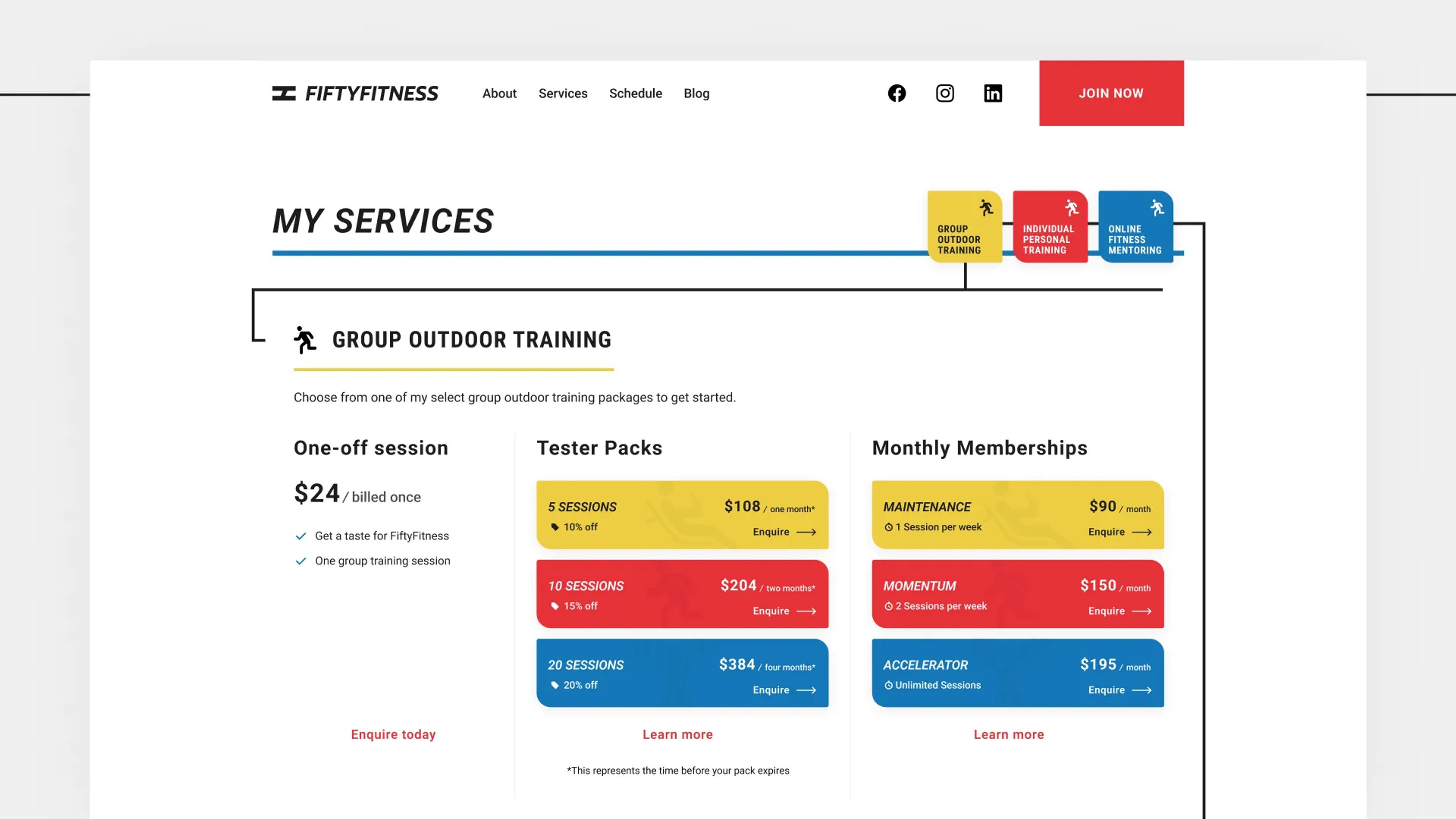 A mockup of the FiftyFitness services page.