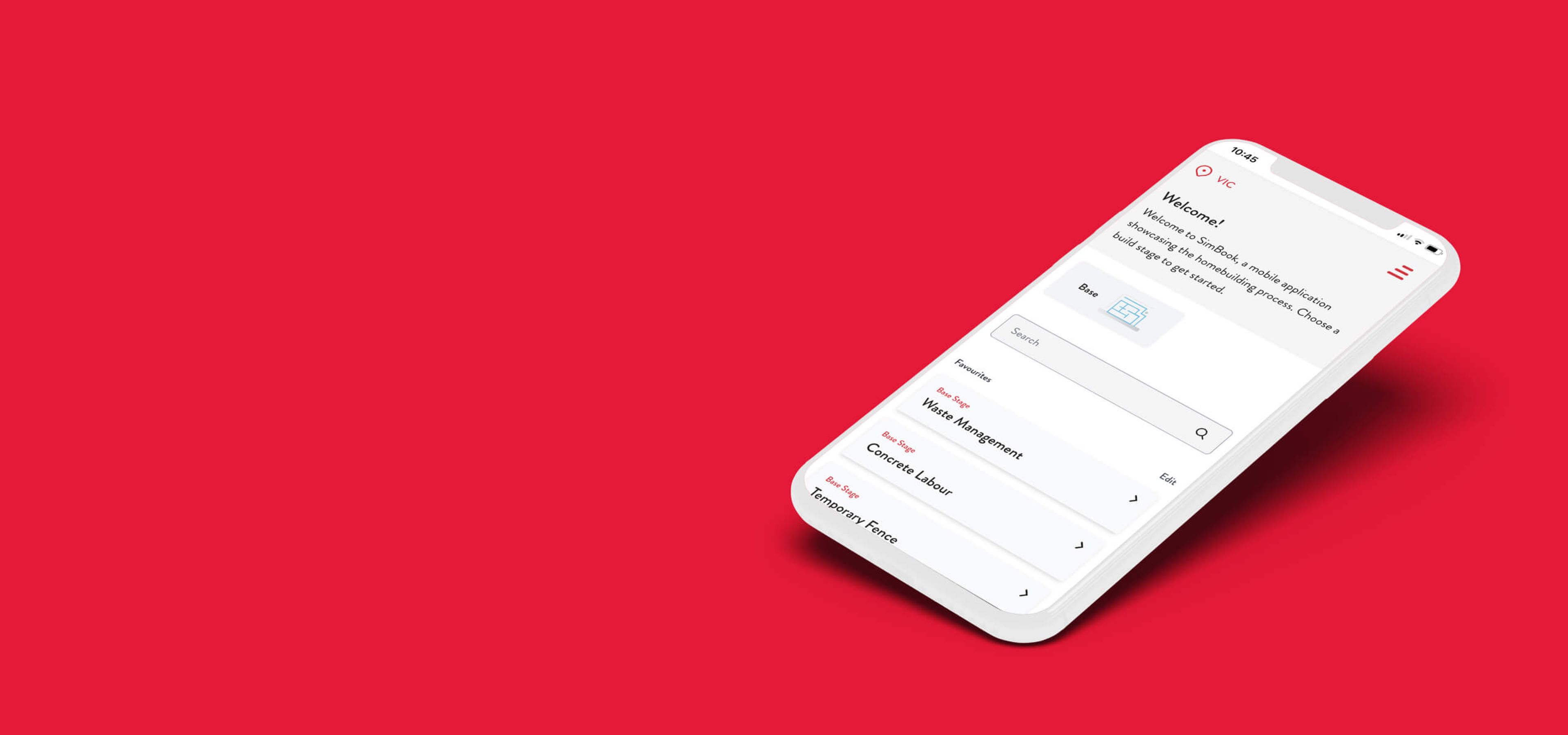 A mobile mockup of the Simbook app on a red background
