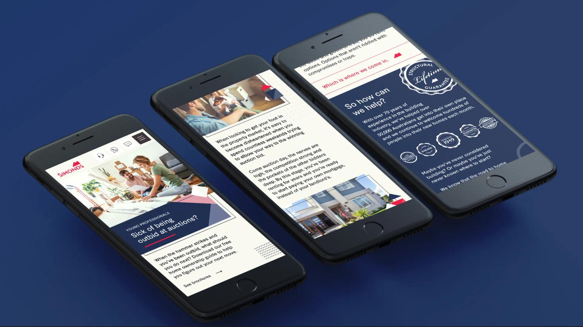 A mockup of the website on 3 mobiles