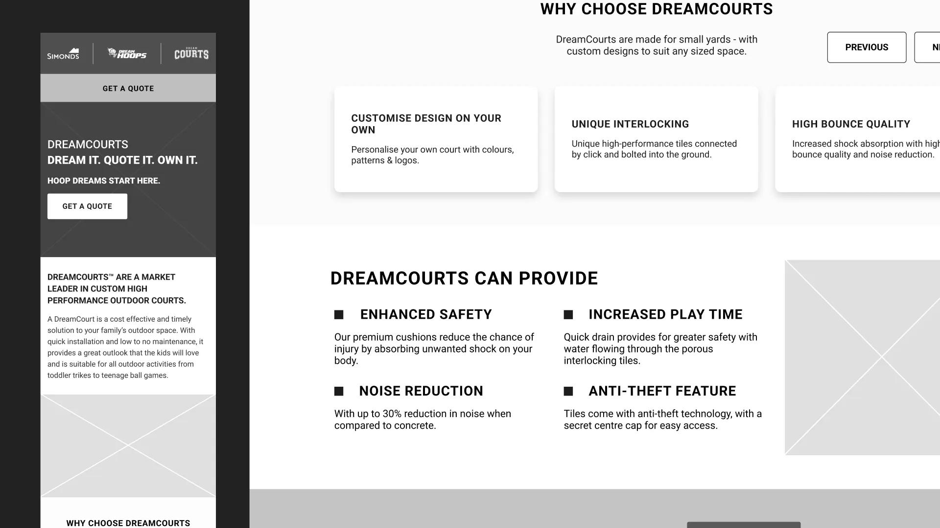 A mockup of the wireframes of the Dreamcourts website.