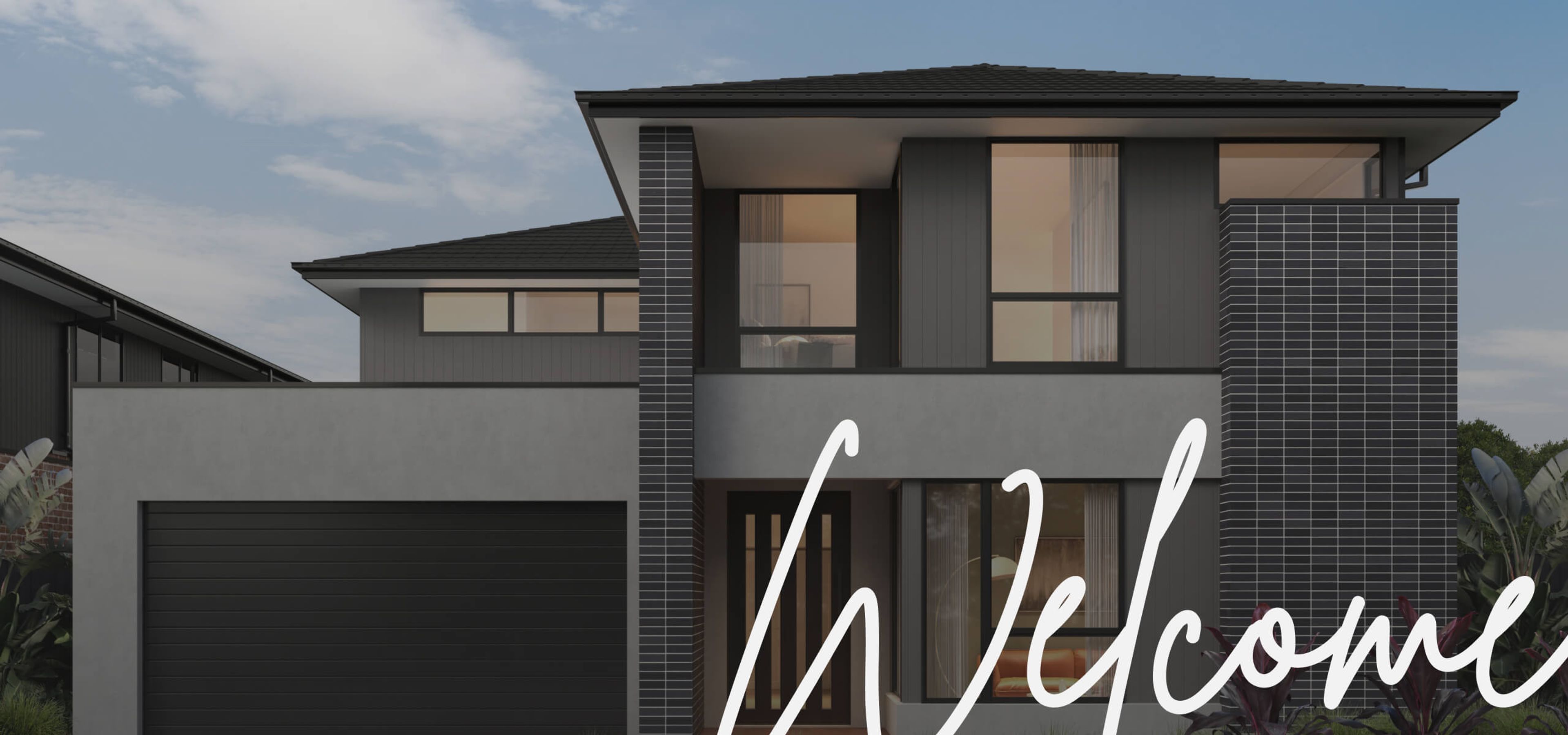 A photo of a house facade with the text 'Welcome' written over it