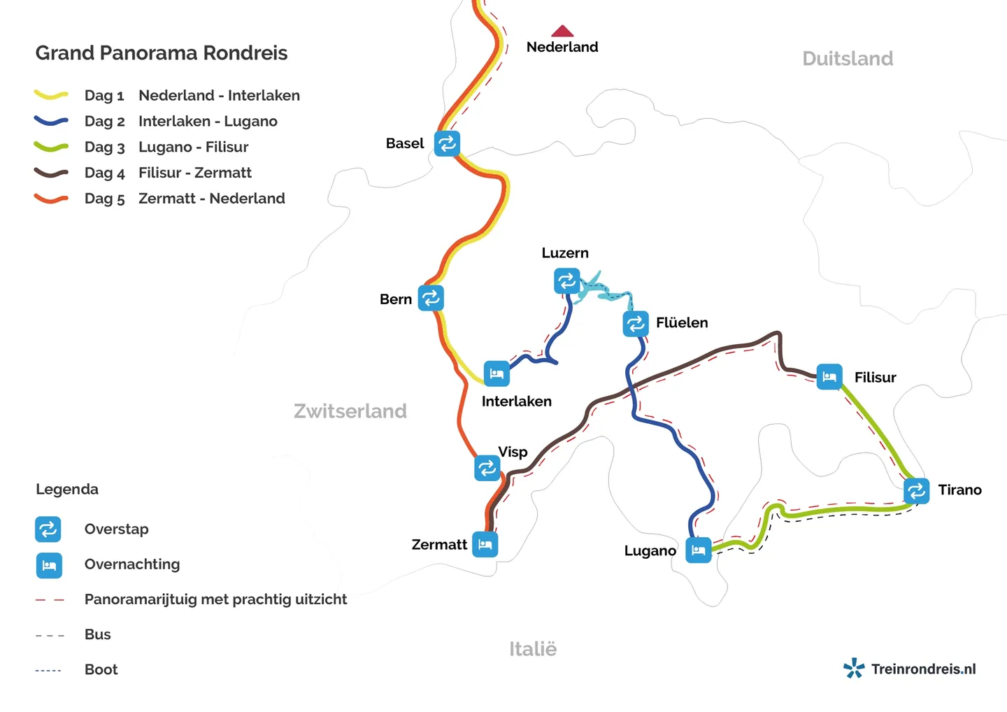 Reis route: Grand Panorama Rondreis (1e klas)