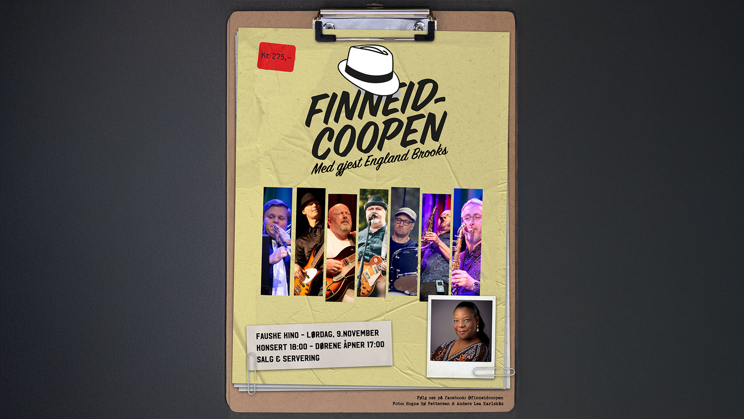 Bilde av artistenene i finneidcoopen med et bilde av England Brooks nederst til høyre.