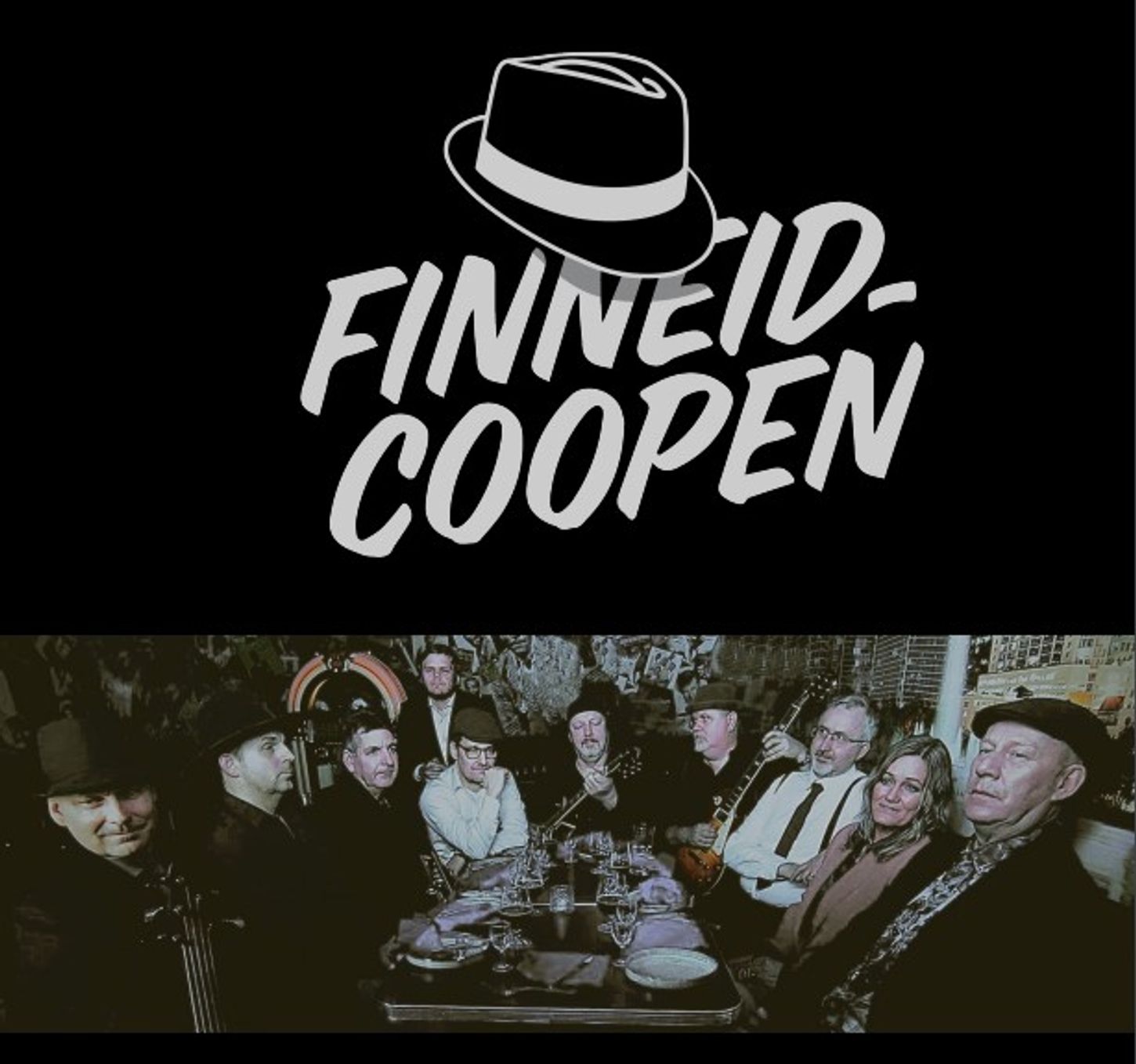 plakat med Finneidcoopen. 9 menn og 1 kvinne og en logo.