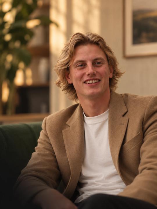 Jack, smiling, sitting on a green sofa