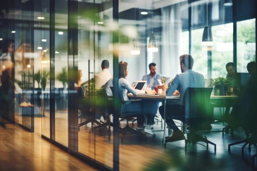 A team meeting round a table, seen through a glass office wall