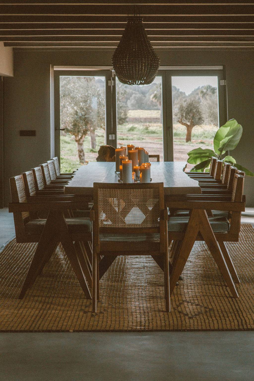 Sunlit rustic dining space set with wooden chairs, green indoor plants, and view of olive trees, Love Locations 07630.