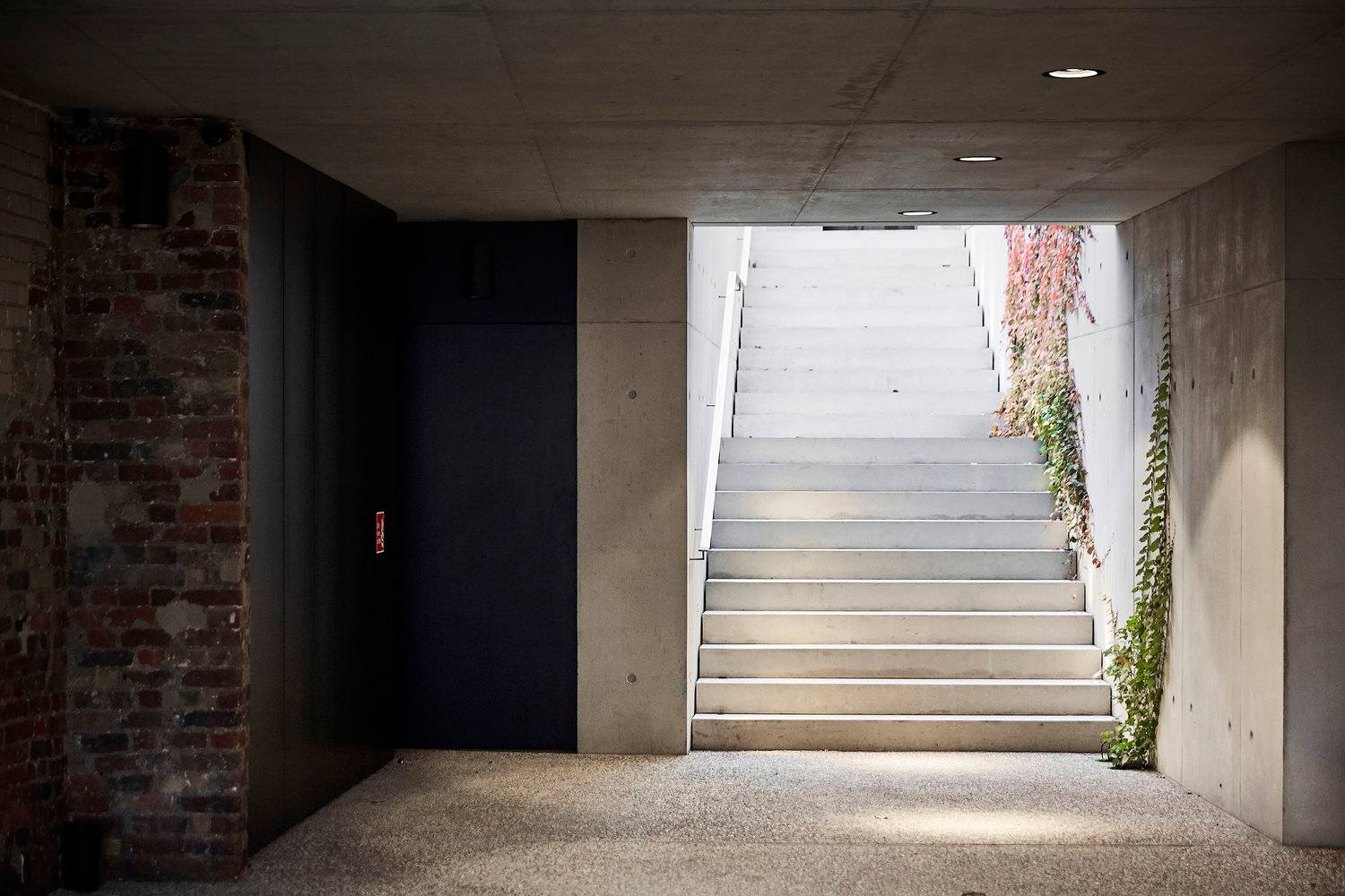 Architectural concrete exterior staircase leading up to an upper terrace with dark timber panelling and raw concrete ceiling overhang, the ultimate establishing shot for film productions via Love Locations SW8.
