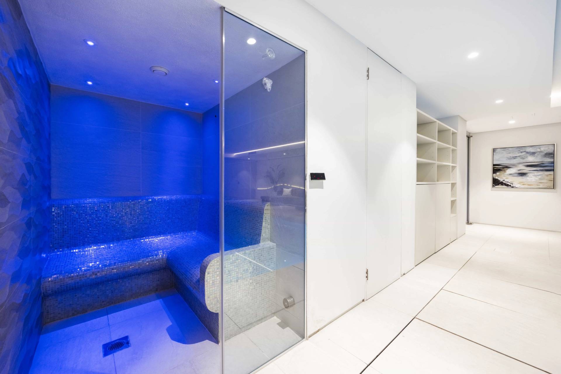Luxury spa steam room feature with blue LED mood lighting and glass enclosure, Love Locations WD7.