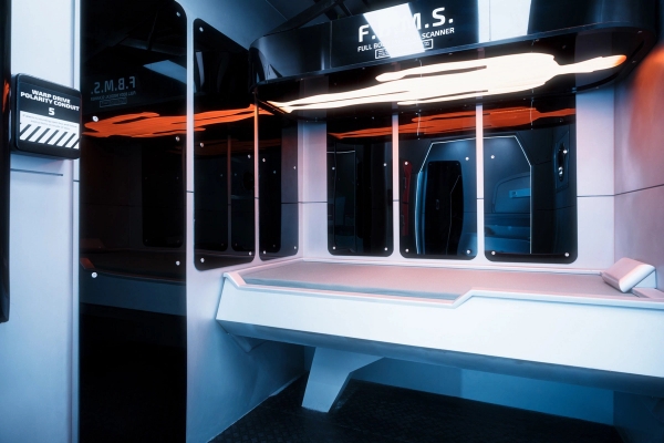 Sleek high-tech operations desk set inside a premium London space station film location, managed by Love Locations.
