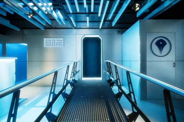 Industrial spaceship gantry walkway set with overhead blue strip lights for action sequences, exclusive to Love Locations.