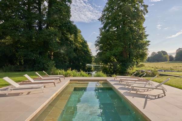 Modern outdoor swimming pool with a large woodland in the garden